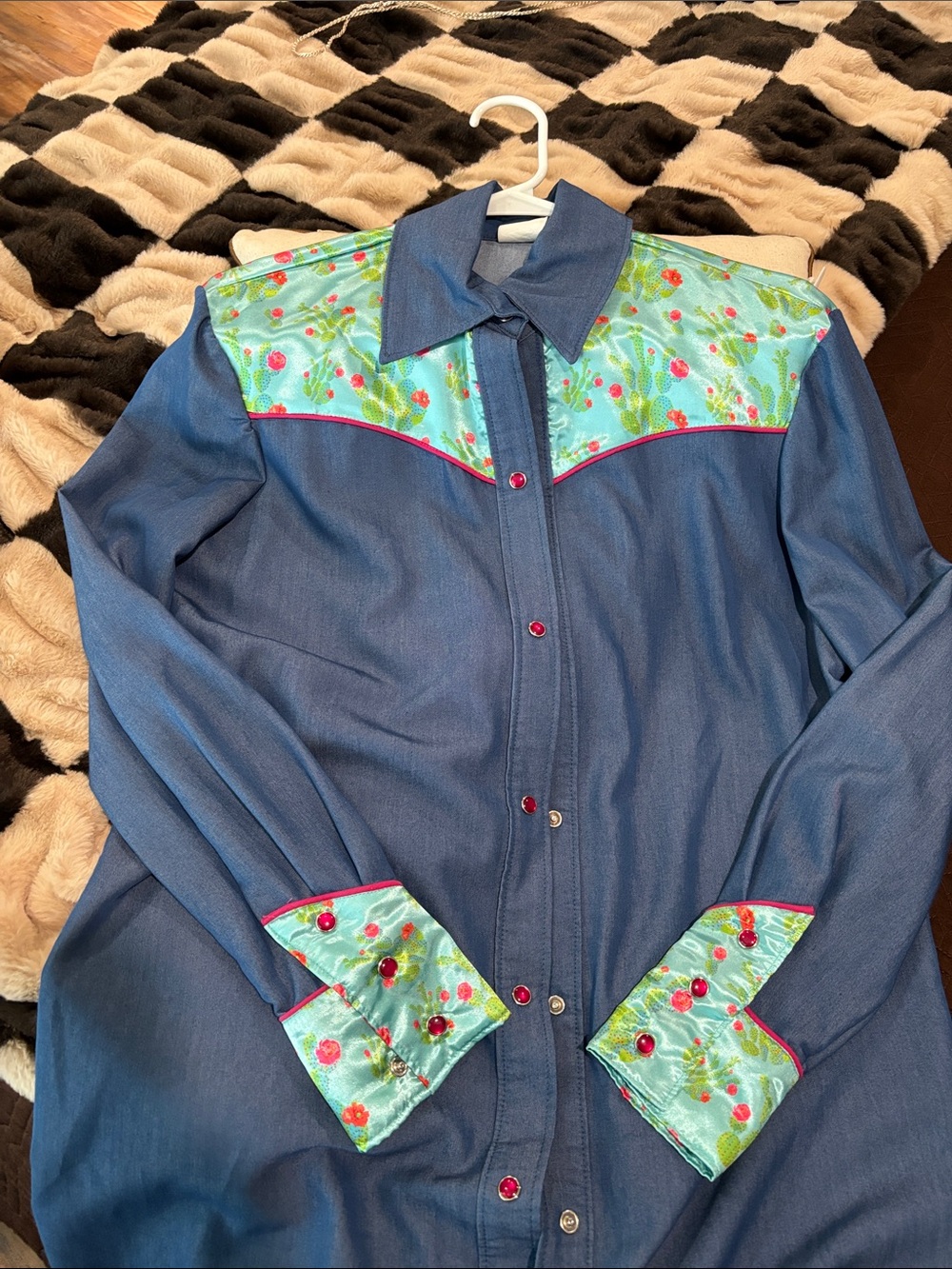 Vintage Blue Button-Down Shirt with Mint Floral Yoke and Cuffs